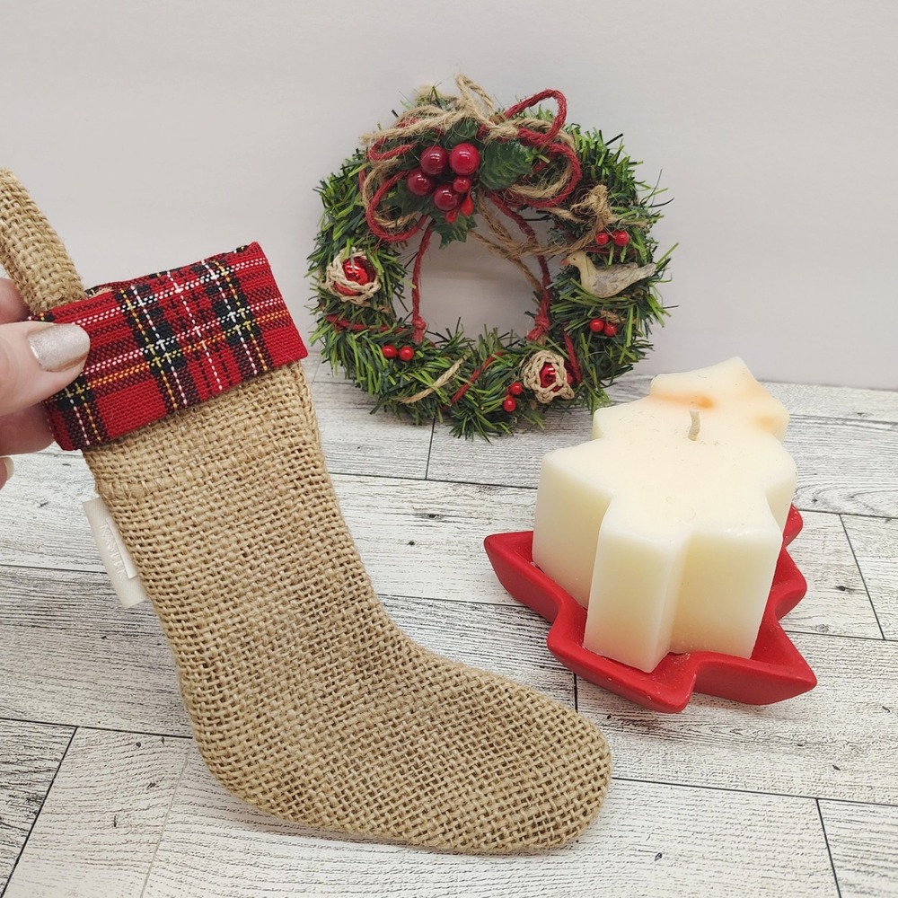 Rustic Holiday Decor Set • Chesapeake Bay Candle • Burlap Stocking • Mini Wreath